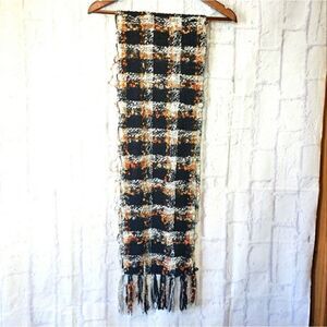 POPCORN KNIT Plaid Fringed Lightweight Scarf Orange Black White